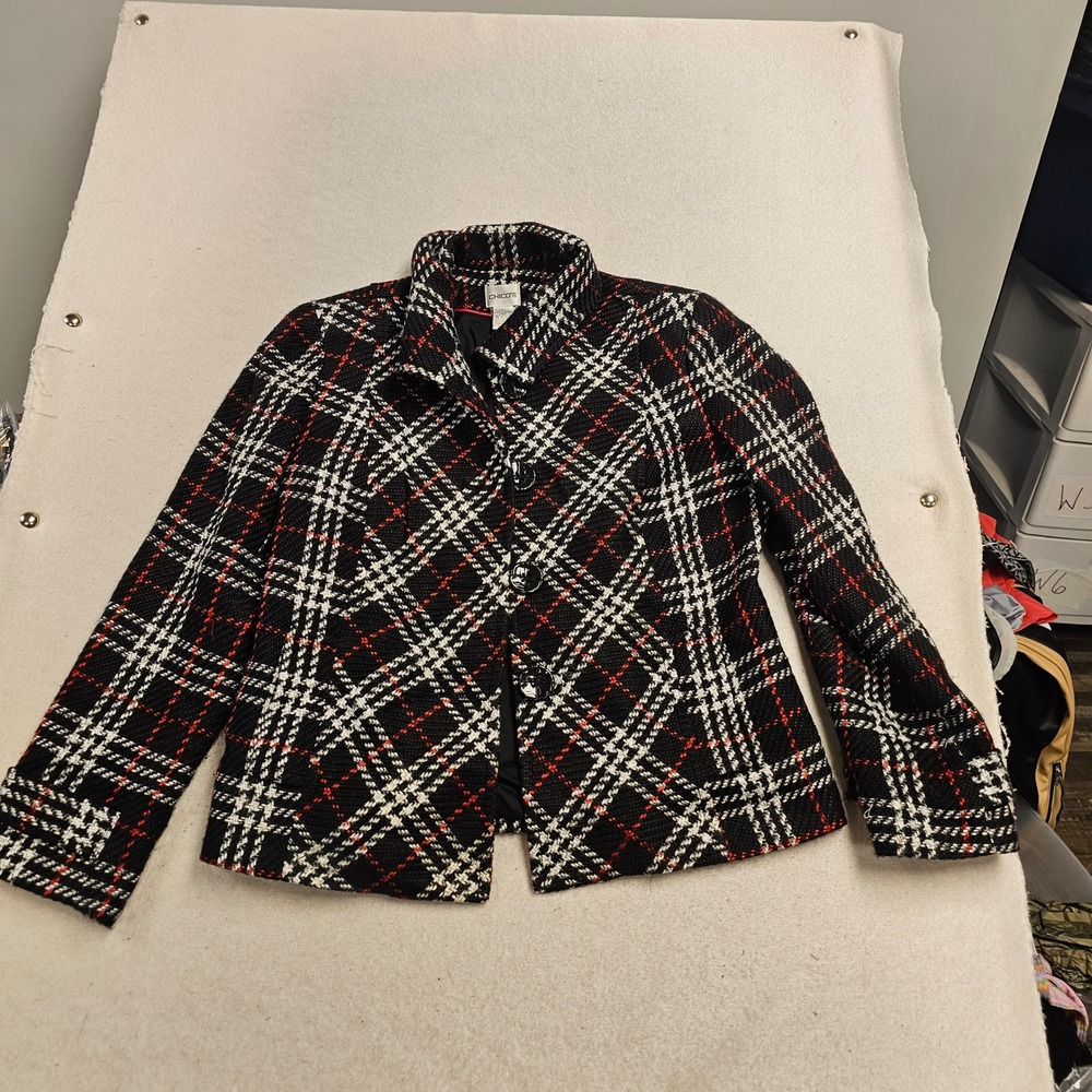 Chicos Plaid Blazer Jacket Black White Red Tweed Textured Size 1 Medium